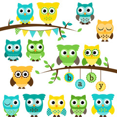 Vector Collection of Gender Neutral Baby Shower Themed Owls and 
