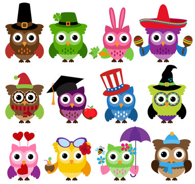 Vector Set of Cute Holiday and Seasonal Owls 