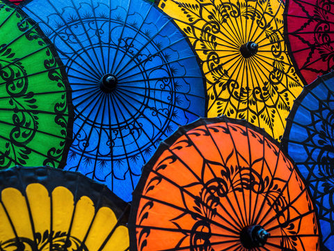 Colorful Asian Umbrellas at Traditional Burmese Street Market
