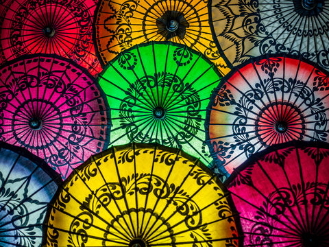 Colorful Asian Umbrellas at Traditional Burmese Street Market