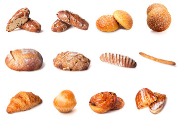 Set of images of bread isolated on white background