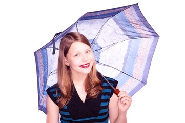 Teen girl staying under umbrella