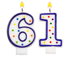Birthday candles number sixty one isolated on white background
