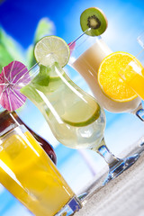 Cocktails, alcohol drinks with fruits
