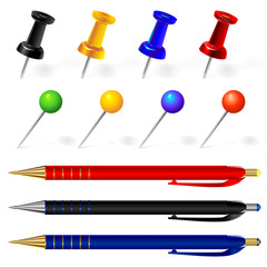 vector set of pens and pins different colors