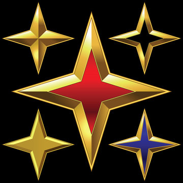 Vector set of golden shiny four-point stars