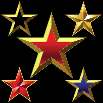 Vector set of golden shiny five-pointed stars