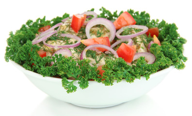 Turkey meat with spices in bowl isolated on white