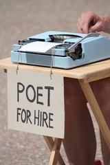 Poet busker typewriter freelance for hire rent job work needed wanted broke unemployed stock,...