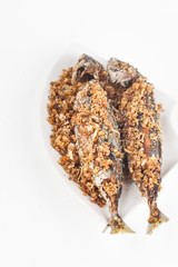 fried fish on white paper background