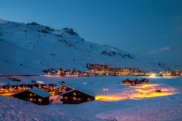 Tignes, a ski resort in the  French Alps, at blue hour