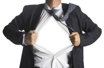 Businessman showing a superhero suit underneath his suit, isolat