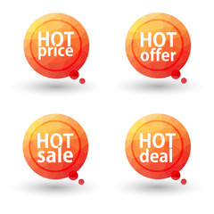 Hot Price, Hot Offer, Hot Sale and Hot Deal labels. Vector.