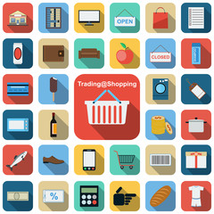Trading and shopping flat vector icons