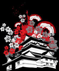 symbol pagoda of japan with sakura flower and folding fan vector