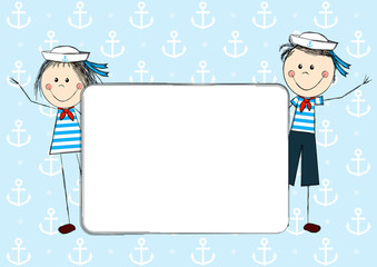 Funny sailor kids with paper card