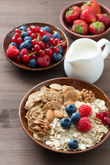 oatmeal and muesli in bowl, fresh berries and milk