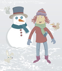 Winter. A girl just made a snowman