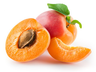 Apricot, half and piece isolated on white background - obrazy, fototapety, plakaty