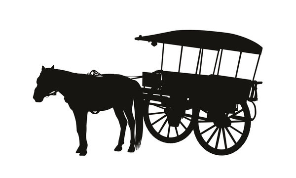 old style country carriage with one horse in harness silhouette