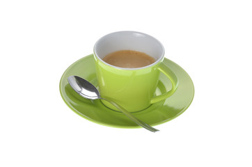Espresso Tasse mit Löffel auf weiss Hintergrund