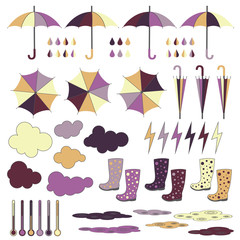 Fototapeta na wymiar Rubber boots, umbrellas, rain. Vector set.