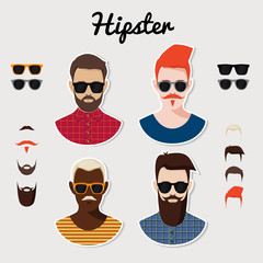 Set of hipster with hairstyle, beards, mustaches, glasses.