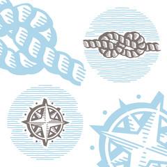 Vintage marine vector icon set: engraving knot and wind rose.