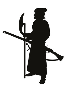 Antient soldier with axe and musket. Detailed vector silhouette