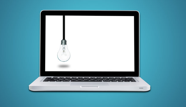 computer laptop with lamp bulb ideas concept isolated