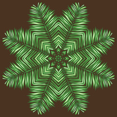 Circular pattern of palm leaves on a brown background.