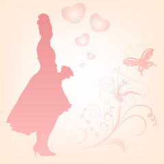 Vector illustration of a young elegant bride holding flowers.
