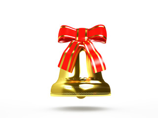 Golden bell with red bow, isolated on white