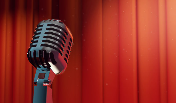 3d retro microphone on red curtain background