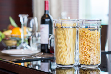 Italian Fusilli or Rotini helix shaped Macaroni Pasta  and spagh