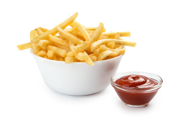 French fries with ketchup on white