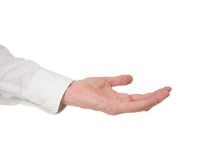 Extended hand. Older man, outstretched hand, white background