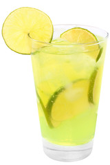 Lemonade with lime and ice cubes.