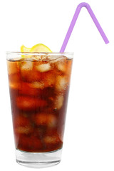 Cola drink with ice cubes and sliced lime in a highball glass