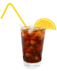 Cola drink with ice cubes and sliced lime in a highball glass