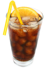 Cola drink with ice cubes and sliced orange in a highball glass