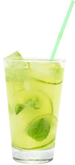 Fruit lemonade with lime and ice cubes in a highball glass