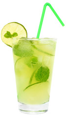 Fruit lemonade with lime and ice cubes and leaf mint in a highba