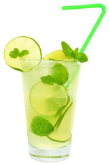 Fruit lemonade with lime and ice cubes and leaf mint in a highba