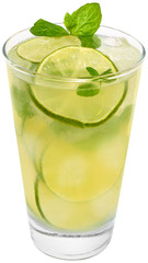 Fruit lemonade with lime and ice cubes in a highball glass