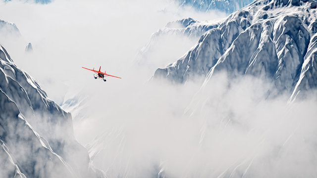 Fototapeta Red airplane flying over snow mountains in the clouds. Aerial sh