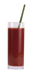 Glass of tomato juice with green onion tube isolated on white