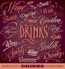 DRINKS menu headlines set of 20 hand letterings (vector)