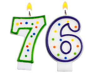 Birthday candles number seventy six isolated on white background
