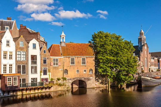 Medieval houses alongside a canal in Delfshaven, The Netherlands